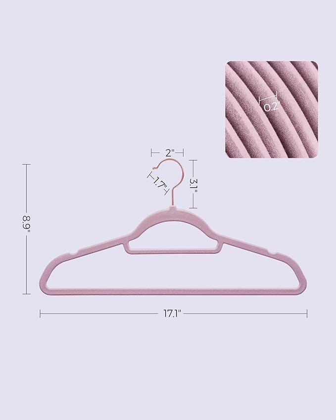 SONGMICS Velvet Hangers, Set of 50 Clothes Hanger with Rose Gold Swivel Hook, Non-Slip, and Space-Saving, 0.2-Inch Thick, 17.1-Inch Long for Coat, Shirt, Dress, Pants, Tie, Lavender Purple UCRF021GP50