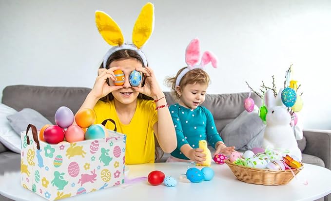Rectangular Easter Baskets, Easket Basket for Kids.Bunny Easter Basket with Handles.Boys and Girls,Easter Bunny Eggs Decor,Toys,Books,Easter Gifts (Easter Rabbit)