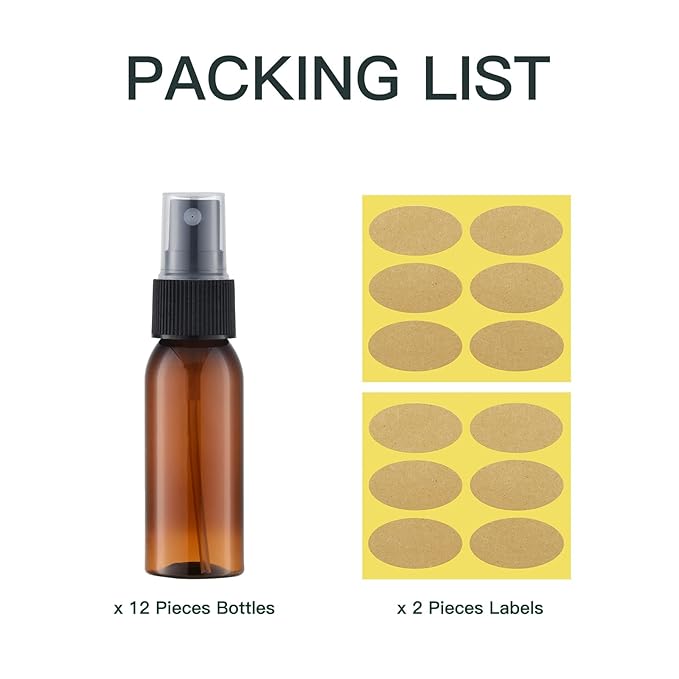 LISAPACK 1oz Amber Small Plastic Spray Bottle (12 Pack) Empty Mini Fine Mist Travel Size Atomizer, Tiny Sprayer for Little Perfume, Water, Cologne, Alcohol, Samples (Brown, 30ml)