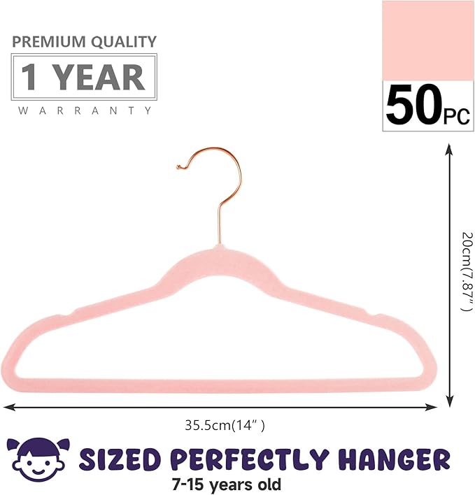 MIZGI Kids Velvet Hangers,Non-Slip Big Kids Hangers,14 Inch Hangers for Youth,Teen Clothes,Pack of 50（Blush Pink）
