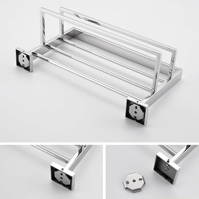 KOKOSIRI Bathroom Towel Shelf 16'' Chrome Towel Rack with Two Bath Towel Bars SUS304 Stainless Steel Wall Mounted, Polished Finish B6003CH-L16
