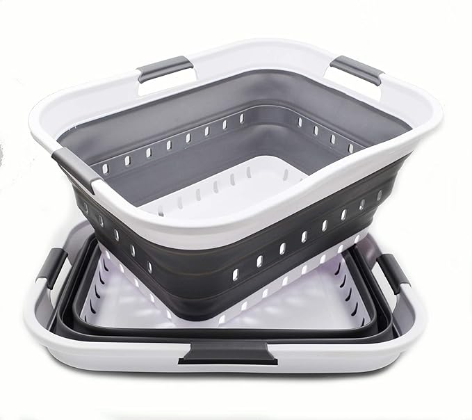 SAMMART 42L (11 gallon) Collapsible Plastic Laundry Basket - Foldable Pop Up Storage Container/Organizer - Portable Basket - Space Saving Hamper/Basket (2, White/Dark Grey)