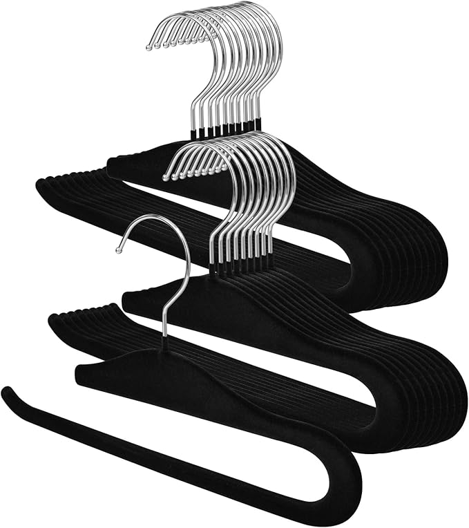 Velvet Hangers Non Slip,20 Pack Space Saving Pants Hangers,Thin Space Saving Clothes Hanger for Closet, Durable Heavy Duty Hanger with 360 Swivel Hook for Pants Towel Jeans(Black)