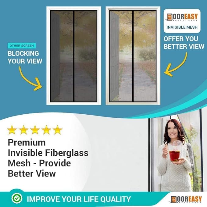 DOOREASY Magnetic Screen Door, New Upgraded Polyester Heavy Duty Mesh Door with Full Frame Hook & Loop, Enjoy Air Fresh, Screen Size 32" x 81", Fit Door Size 30 x 80 inch