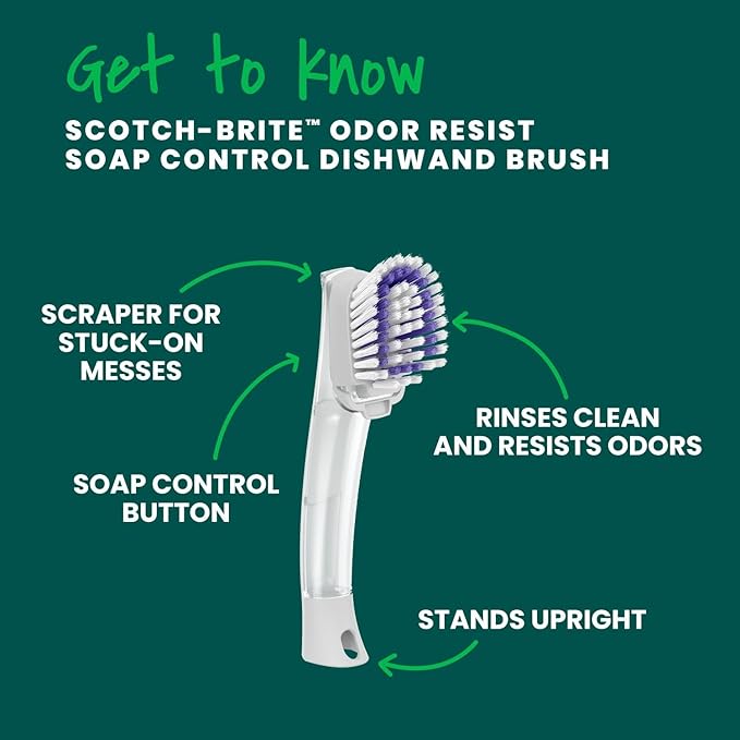 Scotch-Brite Odor Resist Soap Control Dishwand Brush, Non-Scratch Cleaning Brush with Scraper, Stands Upright, 4-Pack