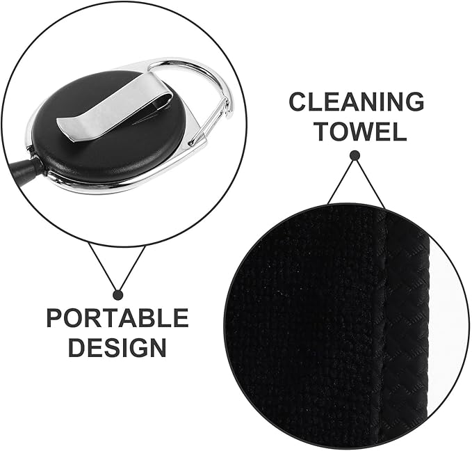 PRETYZOOM Golf Towel with Extendable Reel for Clubs and Balls Black Microfiber Cleaning Cloth Small Golf Accessory for On-Course Use