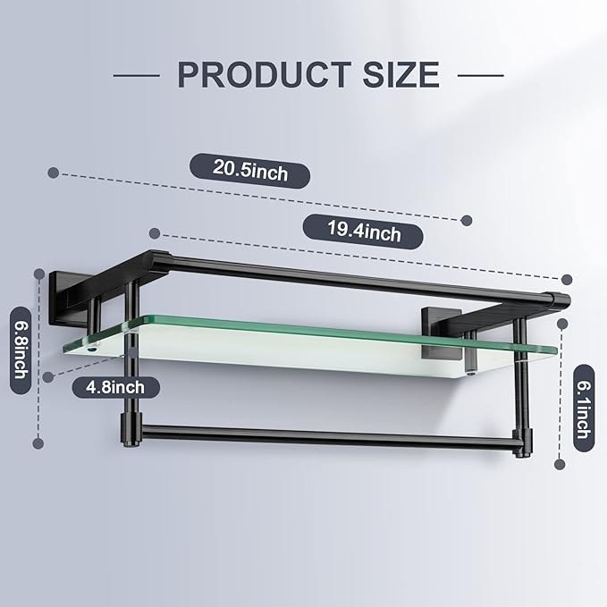 SFGSOWOR 20-inch Glass Shelf with Towel bar, Matte Black-Finished Rail, Rectangular Stainless Steel Shelf, Wall-Mounted Storage Rack