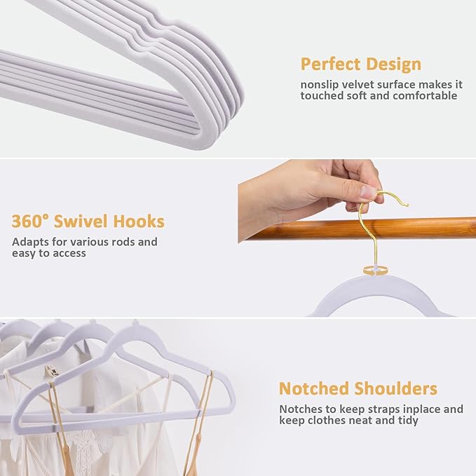 Velvet Hangers, Set of 60 Pack Clothes Hanger with 360° Swivel Gold Hook, Non-Slip, and Space-Saving, 0.2-Inch Thick, 17.7-Inch Long for Suit, Coat, Shirt, Dress, Pants - White
