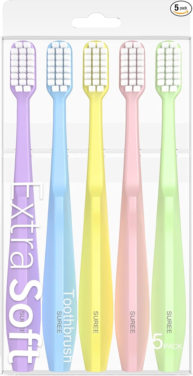 SUREE Extra Soft Toothbrush for Sensitive Teeth and Gums (5 Pack), Ultra Soft Toothbrush with 10000 Micro Nano Bristles for Adults and Elderly