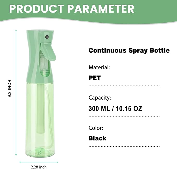 Spray Bottle for Hair (10.15OZ /300ML) Continuous Ultra Fine Mist Sprayer for Hair, Salons, Barber, Plants, Skin Care, 1 Plack Clear Green