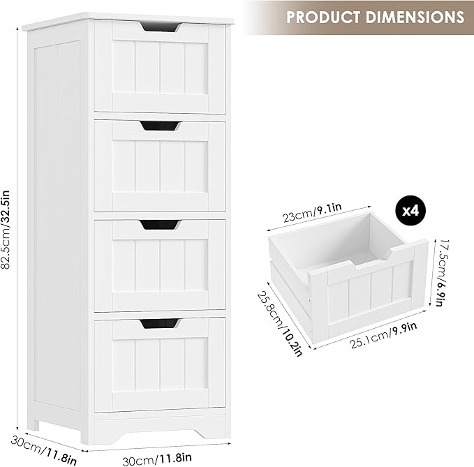 FOTOSOK Bathroom Storage Cabinet, Set of 2, Bathroom Cabinet with 4 Drawers, 11.8” x 11.8” x 32.5” Freestanding Entryway Cupboard Storage Organizer Unit Home Furniture Decor, White
