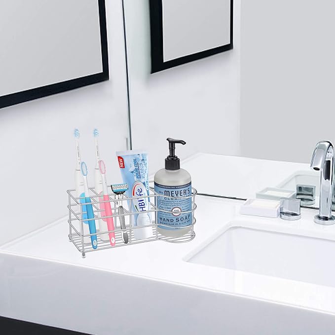 HBlife 7 Slots Toothbrush Holder, X-Large Stainless Steel Bathroom Decor, Silver Electric Toothbrush Holder for Bathroom, Bathroom Counter Organizer for Small Spaces