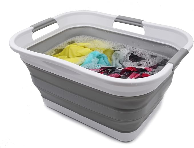 SAMMART 30L (8 gallon) Collapsible Plastic Laundry Basket - Foldable Pop Up Storage Container/Organizer - Space Saving Hamper/Basket - Water Capacity 24L(6.3 gallon) (1, White/Grey)
