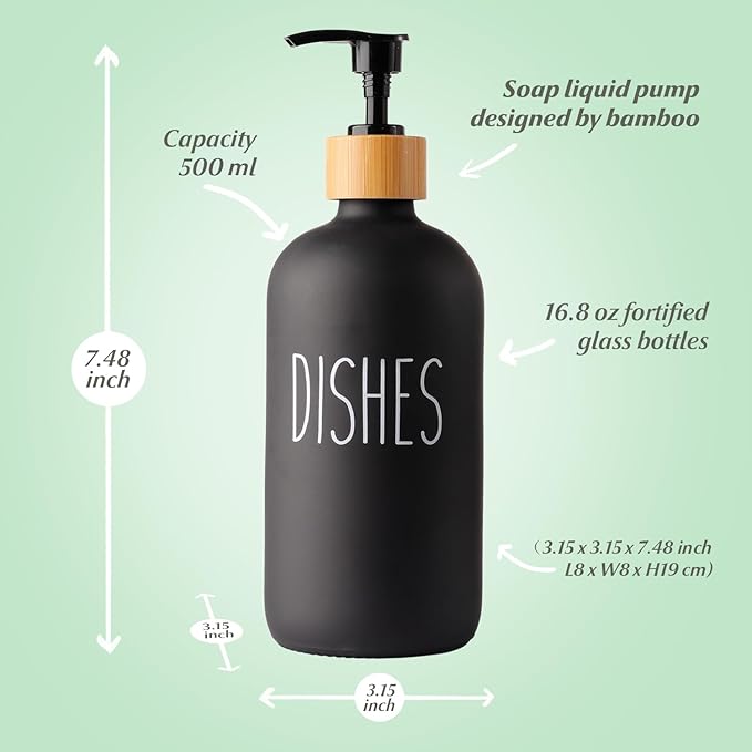 2 Pack Black Glass Soap Dispenser Set with Tray, Hand and Dish Glass Soap Dispensers for Kitchen Sink, Matte Black Soap Dispenser Suitable for Kitchen Sink, Rustic Kitchen Décor