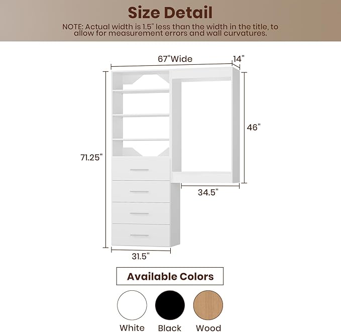 ROOMTEC Modular Closet System, 67" Wall-Mounted Closet Organizer with Drawers and Hanging Rods, Wooden Tower for Walk-In Closets, Wardrobe Storage Kit, White