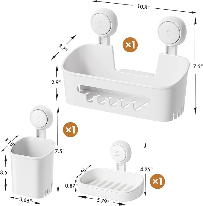 LEVERLOC Shower Caddy Suction Cup Set Shower Organizer & Soap Holder & Toothbrush Holder, Bathroom Shelf Basket NO-Drilling, Removable Suction Storage Waterproof Bathroom Caddy, White | Shower Organizer, Soap Holder, Toothbrush Holder, Removable Suctio...