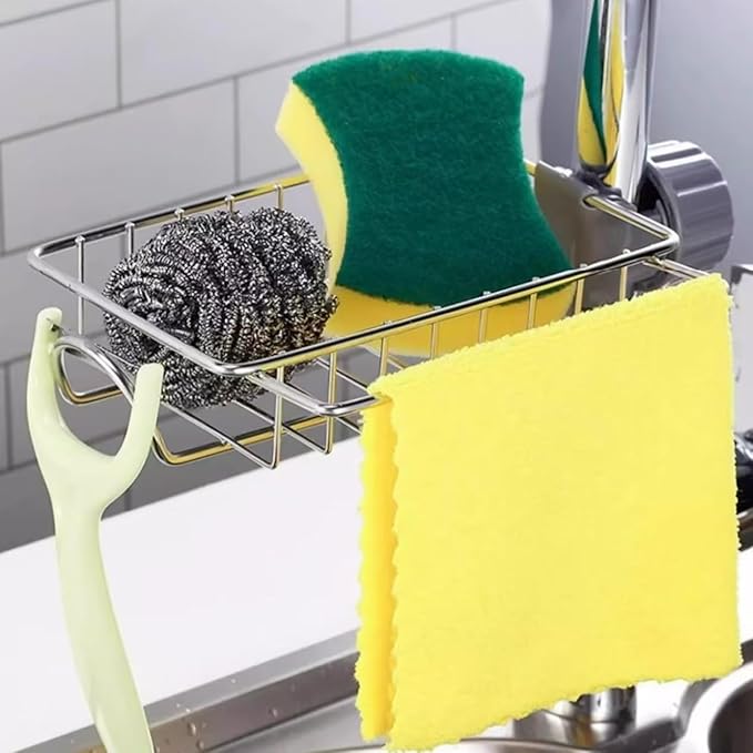 Sponge Holder for Kitchen Sink, Silver Stainless Steel Sink Organizer, Drying Rack for Sponges and Bottles