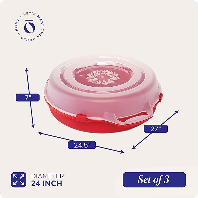 HOMZ 3-Pack 24 Inch Seasonal Holiday Clear Plastic Wreath Storage Containers, Red – Stackable Decoration Organizer Bins with Lids and Handles for Christmas Wreaths and Garlands