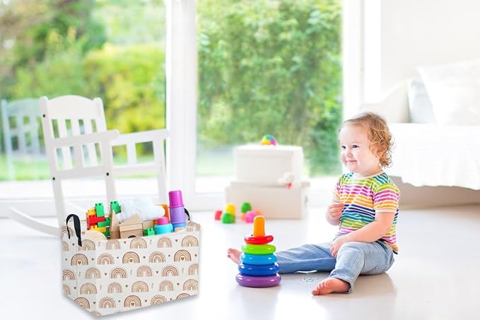 Sanjiaofeng Rectangular Boho Basket Rainbows Storage Bins,Girls Storage Basket with Handles.Clothers,Books,Kid's Gifts Bins. (Rainbows)