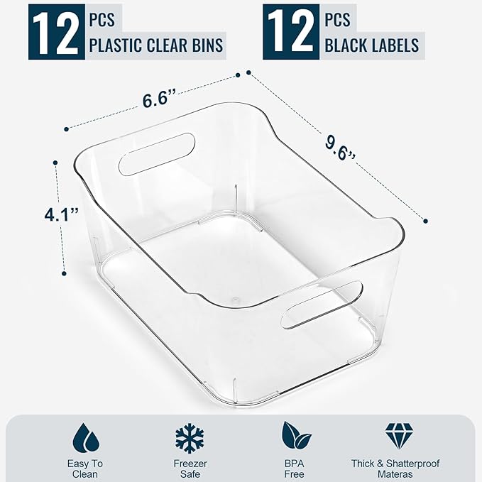 12 PACK Multi-Use Clear Plastic Storage Bins for Organizing w/ Labels - Home, Kitchen, Bathroom, Office, Pantry Cabinet Shelf Organizer Bins - SOHO Collection, RV, Fridge Organization Containers