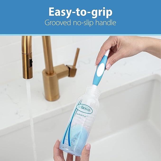 Dr. Brown's Reusable Sponge Baby Bottle Cleaning Brush, Blue and Gray + Deluxe Bottle Brush, BPA-Free, Blue, 3-Pack