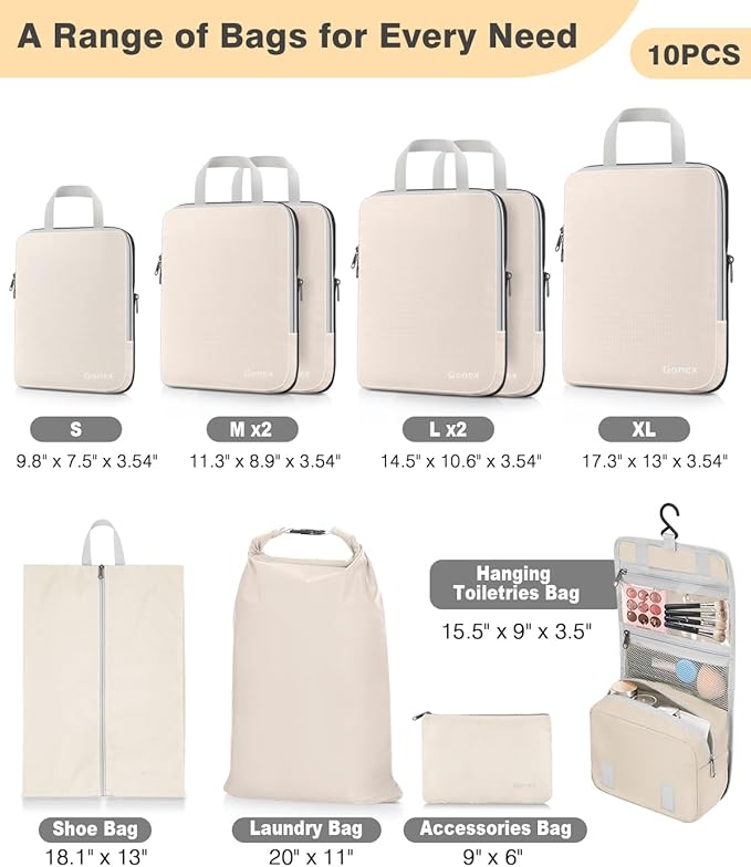 Gonex Compression Packing Cubes, 3pcs/4pcs Expandable Storage Travel Luggage Bags Organizers