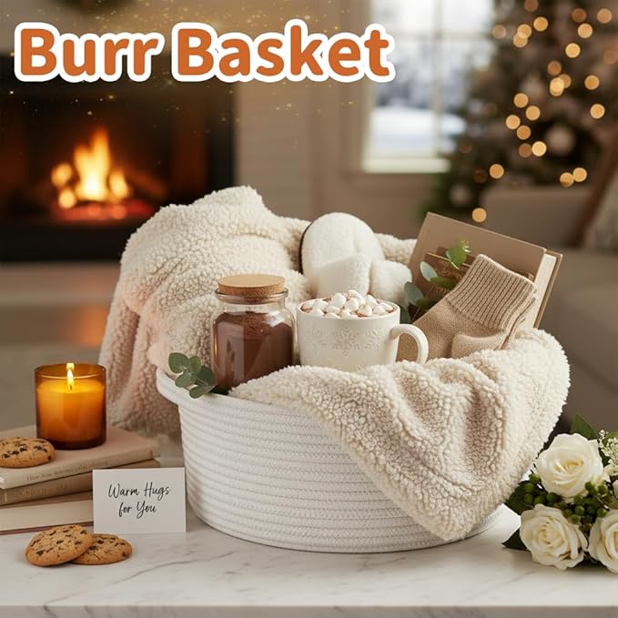 Pro Goleem Small Woven Burr Basket with Gift Bags and Ribbons Durable Baskets for Valentines Day Gifts Empty Small Rope Basket for Storage 12"X 8" X 5" Baby Toy Baskets with Handles, White