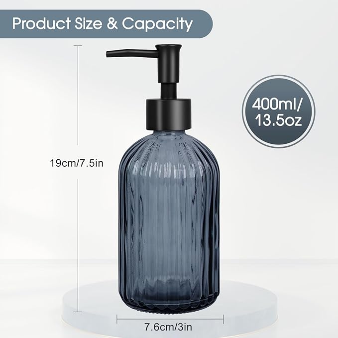 2 Pack Stripe Glass Soap Dispenser with Black Plastic Pump, 400ml Liquid Hand Soap Dispenser, Rustproof Pump for Kitchen & Bathroom, Great for Lotions, Essential Oil, Liquid Soaps- (Grayish Blue)