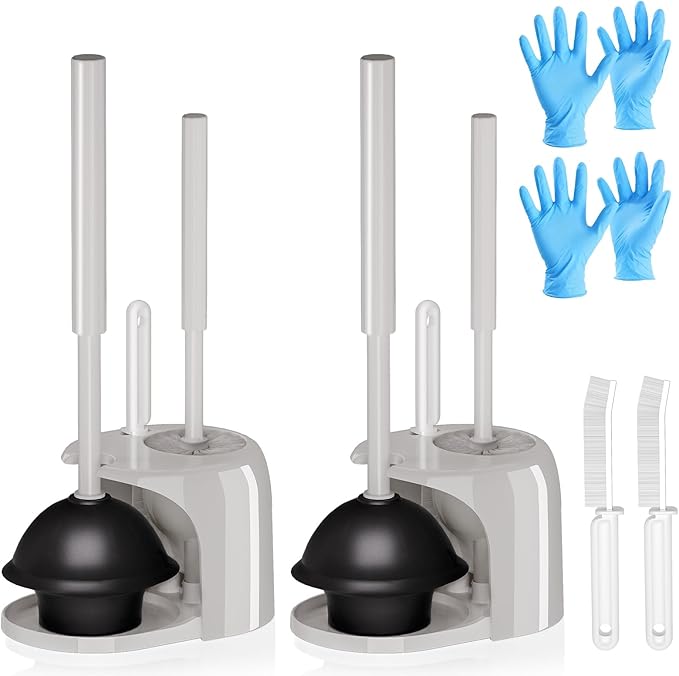 2PACK 4 in 1 Toilet Brush and Plunger Set with Crevice Cleaning Brush, Toilet Plunger and Brush Set with Extra Long Handle, Plungers for Bathroom Accessories, Toilet Plunger with Holder, Light Gray