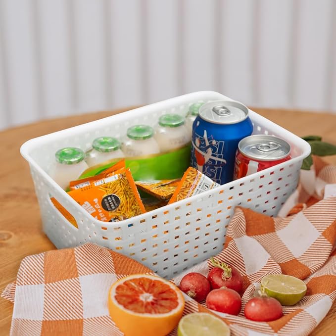White Plastic Woven Storage Baskets, 6-Pack Weave Basket Organizer for Kitchen Office Bathroom