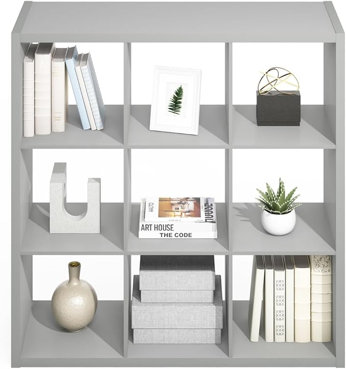 Furinno Simple Cube Storage Organizer, 9-Cube Display Shelf, Open Back Shelving Unit, Storage Shelves, Extra Thick Frame, for Organization and Storage, Living Room, Home Office, Light Grey