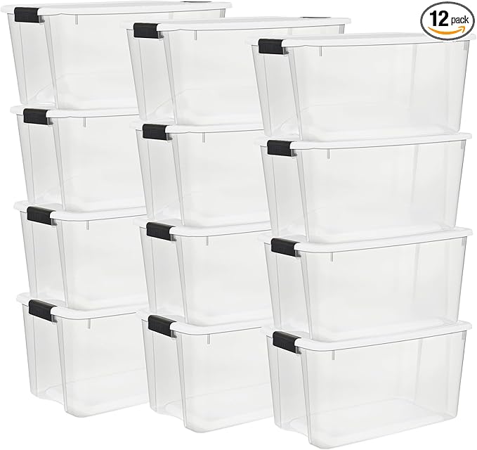 Sterilite 12-Pack Ultra Latching Box, Storage Bins with Lids, Clear Plastic, 70 Quart - Heavy-Duty Organizing Containers for Closet, Bathroom, and Office