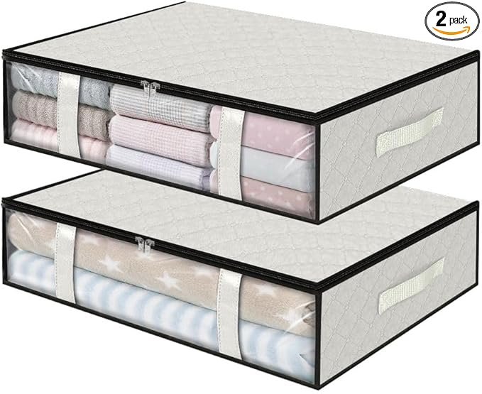 StorageRight Under Bed Storage Bins, 2-Pack 40L Foldable Fabric Storage Bags with Transparent Window, Breathable Organizer for Clothes/Blanket/Comforter/Quilt, White