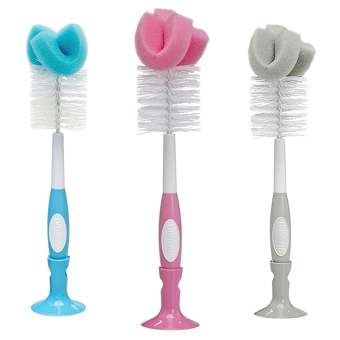 Dr. Brown's Reusable Sponge Baby Bottle Cleaning Brush with Suction Cup Stand, Scrubber and Nipple Cleaner, BPA-Free, Blue/Gray/Pink, 3-Pack