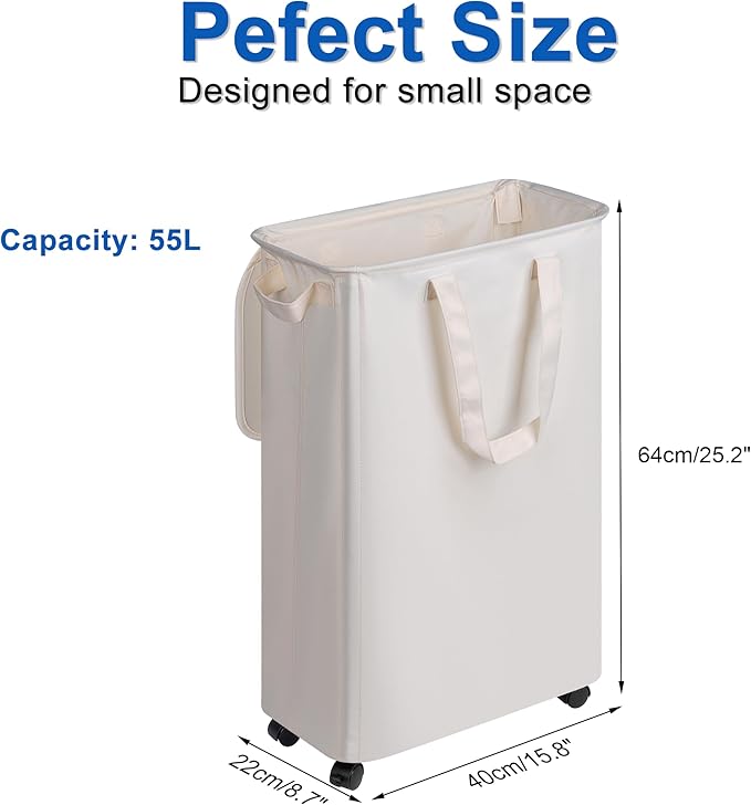 Slim Laundry Hamper with Lid and Wheels, Small Rolling Laundry Basket with Handle for Small Spaces, Tall Dirty Clothes Hampers for Dorm, Bathroom and Bedroom, 55L, Beige