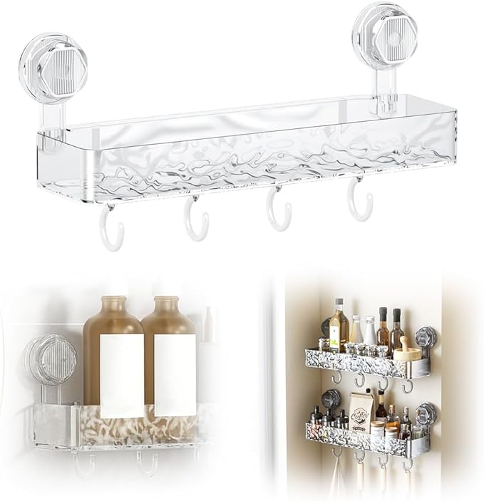 PVZXR Corrugated Suction Cup Storage Holder, 2026 New Movable Shower Shelf Suction Cup,Shower Caddy Large Capacity Bathroom Organizer,No-Drill Wall-Mounted Storage Shelf (Clear)