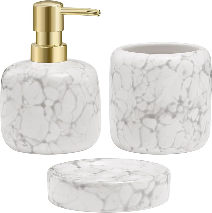 Navaris Ceramic Bathroom Sink Accessories Set - Complete 3pc White Marble Effect Accessory Set - Soap Dispenser, Toothbrush Holder & Tray - Sets for Bathrooms and Kitchen Sinks