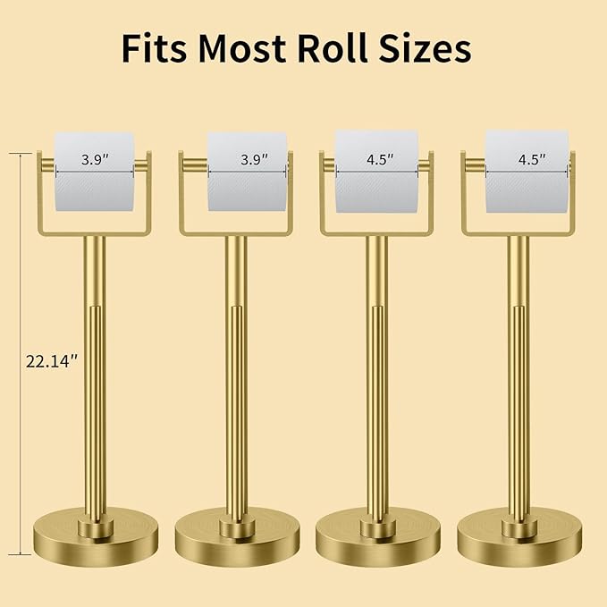 YUMORE Toilet Paper Holder Stand with Storage, Bathroom Weighted Base Floor Toilet Paper Roll Holder Free Standing for 3 Rolls, Gold