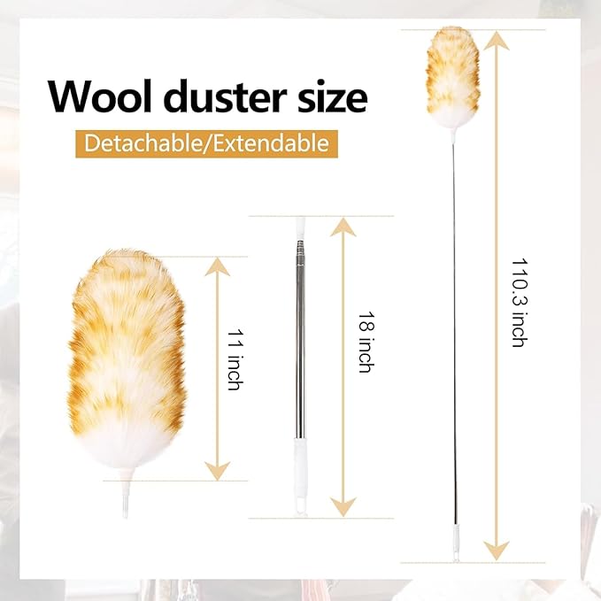 2-Pack Lambswool Extendable Duster 29-110 Inch, Anti-Static Flexible Head, Stainless Steel Pole for High Ceilings, Fans, Interior & Roof Dusting.