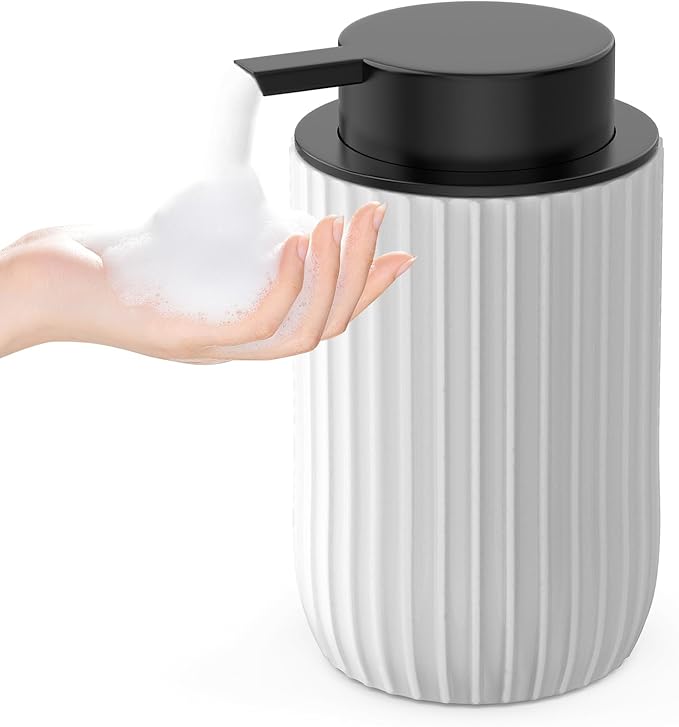 Ceramic Foaming Hand Soap Dispenser，12 oz Bathroom Soap Dispensers， Lotion Dispenser for Kitchen, Refillable Matte Streaks Soap Dispenser with Large Pump (White)