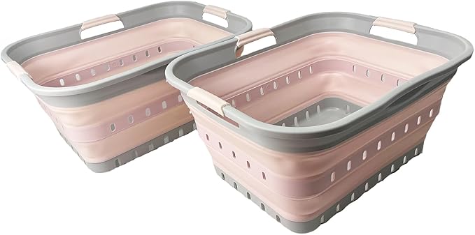 SAMMART 42 (11 Gallons) Collapsible Plastic Laundry Basket, Foldable Pop Up Storage Container/Organizer, Space Saving Hamper, Portable Bin for Dorm Room Bathroom (2, Grey/Pink)