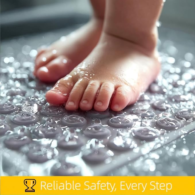 Bath and Shower Safety Mats 27.5x15 inch, Non Slip with Strong Suction Cups for Bathroom Stall and Tub Floor, Extra Large and Machine Washable, Drain Holes Keep Bathtub Clean, Soft on Feet, Grey