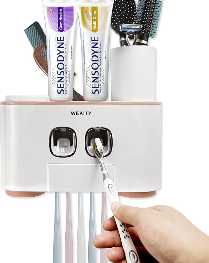 Toothbrush Holder Wall Mounted, WEKITY Multi-Functional Toothbrush and Toothpaste Dispenser for Bathroom, with 5 Toothbrush Slots, 2 Toothpaste Squeezers and 4 Cups(Pink)