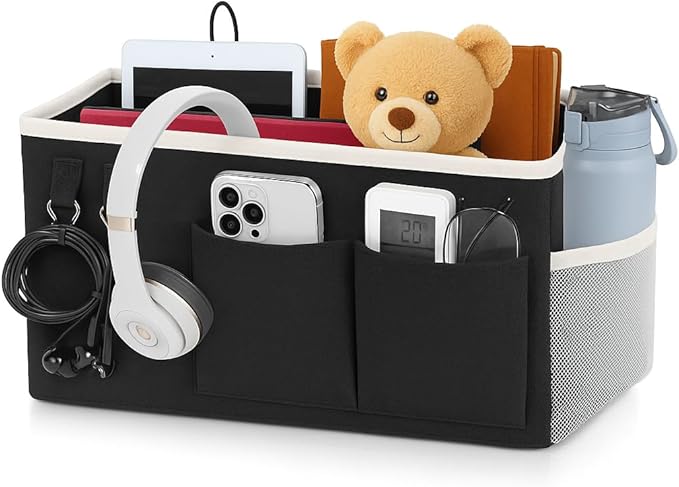 ADVANCELLPRO Bedside Caddy Organizer Hanging Storage Bag with Pockets for Books, Magazines, Phone, Tablet & Water Bottle – Bedside Storage for Dorm, Bunk Beds, Hospital Beds & Cribs, Black