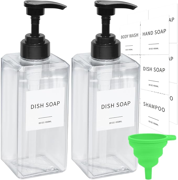 Clear Soap Dispenser with Waterproof Labels, Thickened Plastic Hand Soap Dispenser for Bathroom, Kitchen Dish Washing Liquid Bottles, Shampoo and Conditioner Bottles with Funnel (22oz 2Pack Clear)