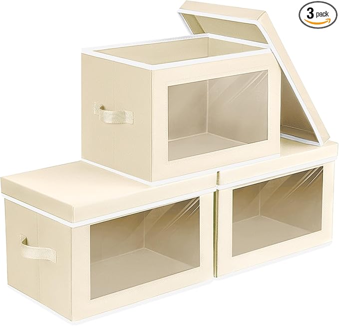 Storage Bins with Lids - Small Fabric Organizers with Window, Collapsible Storage Bins for Clothes, Decorative Closet Organizers for Towels, Tshirt, 3 Pack, Beige