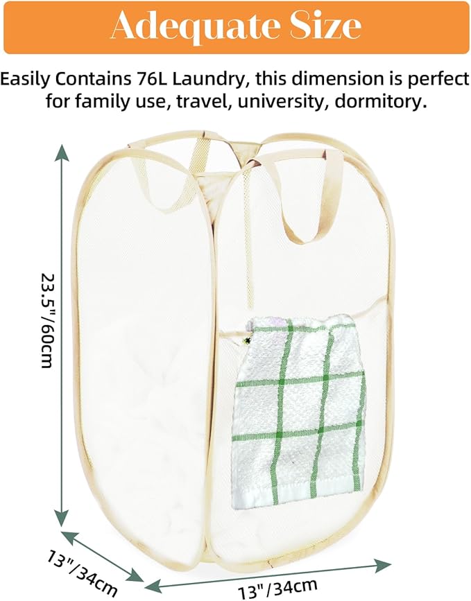 2 Pcs Durable Collapsible Laundry Baskets - Reinforced Mesh Pop Up Laundry Hamper with Pocket, Foldable Dirty Clothes Hamper with Carry Handles for Laundry, Bathroom, Kids Room, Dorm or Travel Beige