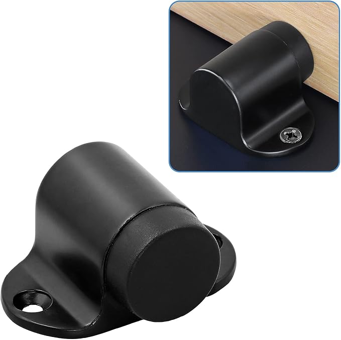 Floor Mount Door Stopper, Heavy Duty Door Stop Flat Black Doorstop with Rubber Bumper & Stainless Steel Screws, 1.06 Inch Height