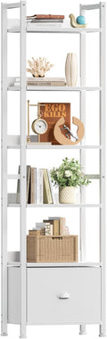 Furologee 6 Tier Bookshelf, Tall Shelf with Drawer, Wood and Metal Bookshelves Storage Organizer, Modern Display Shelving Unit for Bedroom, Living Room, Home Office, White