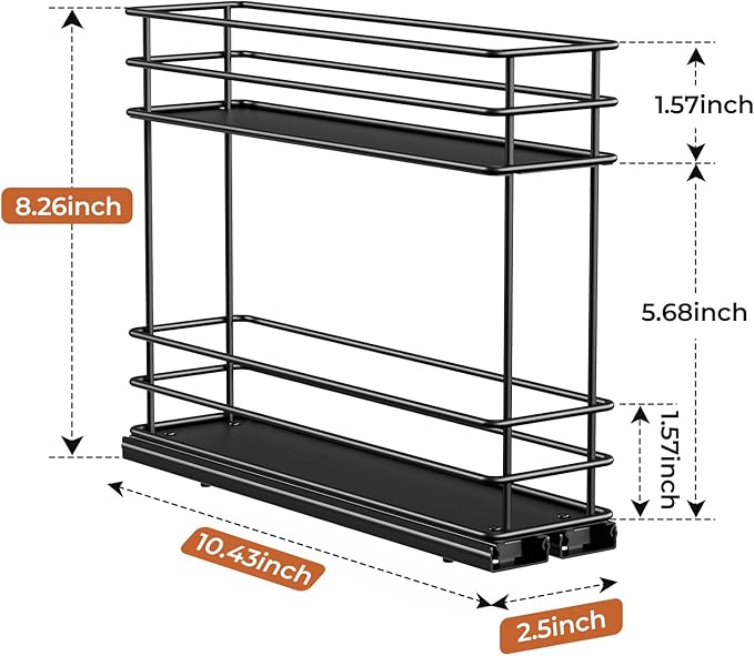 Pull Out Spice Rack Organizer for Cabinet, Slide Out Spice Racks, Easy to Install Spice Cabinet Organizers, 5.2" Wx10.43 Dx8.26 H, 2 Packs 2 Tiers(Black)